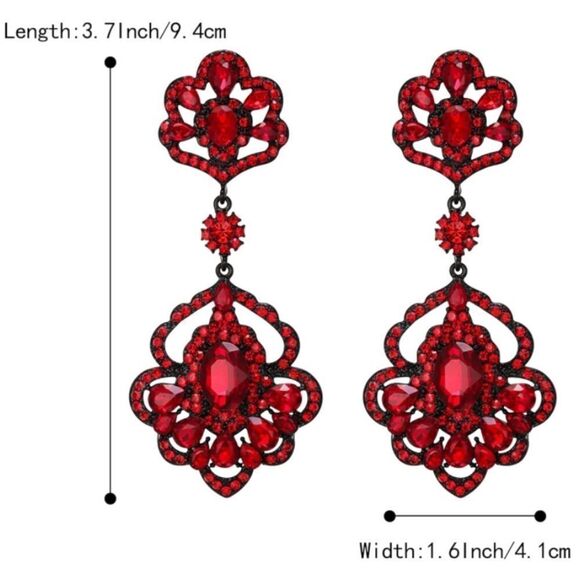 Carbon Black with Ruby Red Austrian Crystal Floral Teardrop Chandelier Earrings - Picture 4 of 4